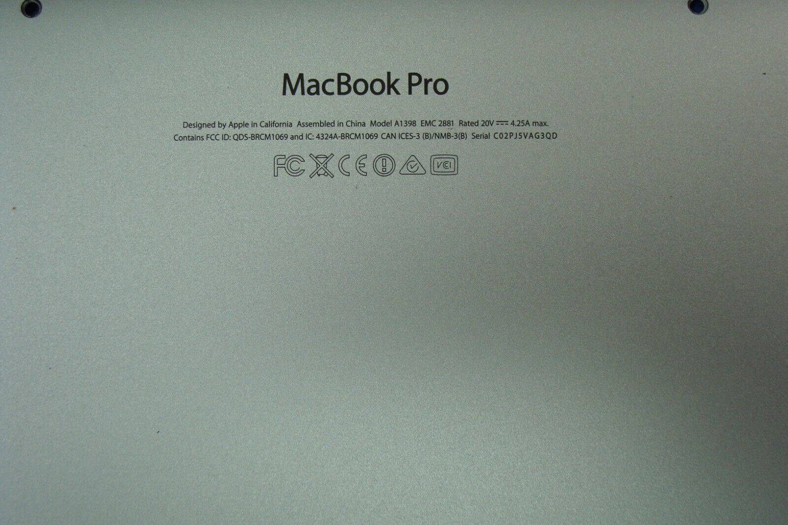 MacBook Pro A1398 15 2014 MGXA2LL/A Bottom Case Silver 076-00012