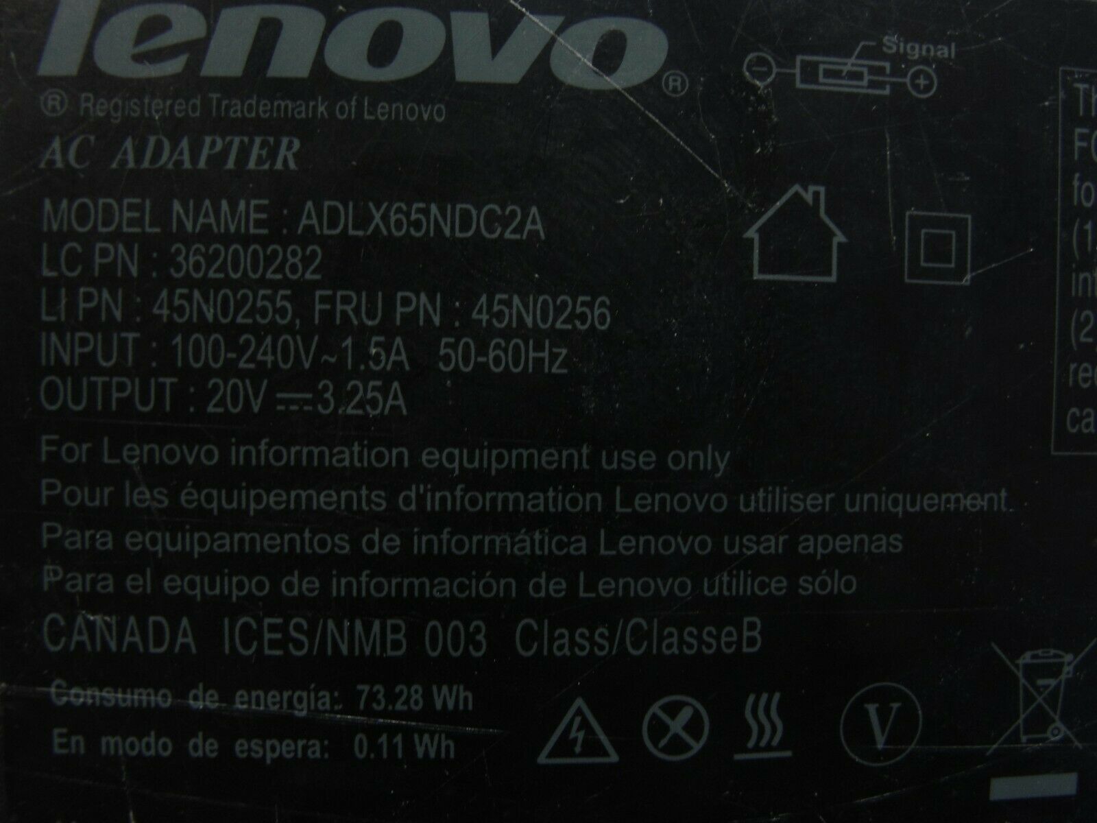 Genuine Lenovo AC Adapter Power Charger 20V 3.25A 65W 45N0256 45N0255 