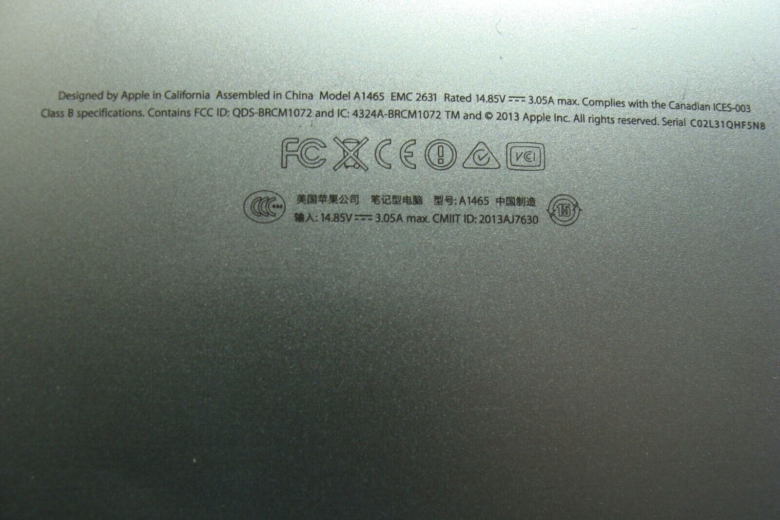 Macbook Air A1465 11 Mid 2013 MD711LL/A Genuine Laptop Bottom Case 923-0436