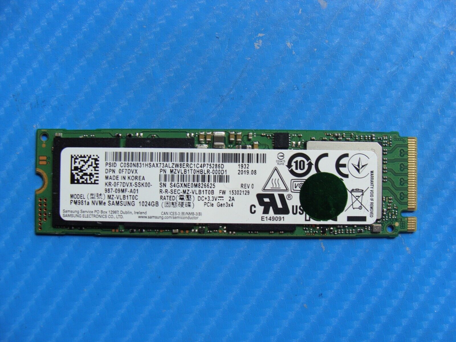 Dell XPS 15 7590 Samsung 1TB M.2 SSD NVMe MZVLB1T0HBLR F7DVX MZ-VLB1T0C