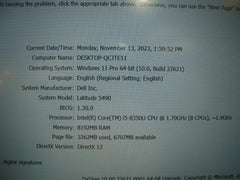 Dell Latitude 5490 i5-8350U 1.7GHz 8GB 256GB SSD 14"FHD Original Dell Charger