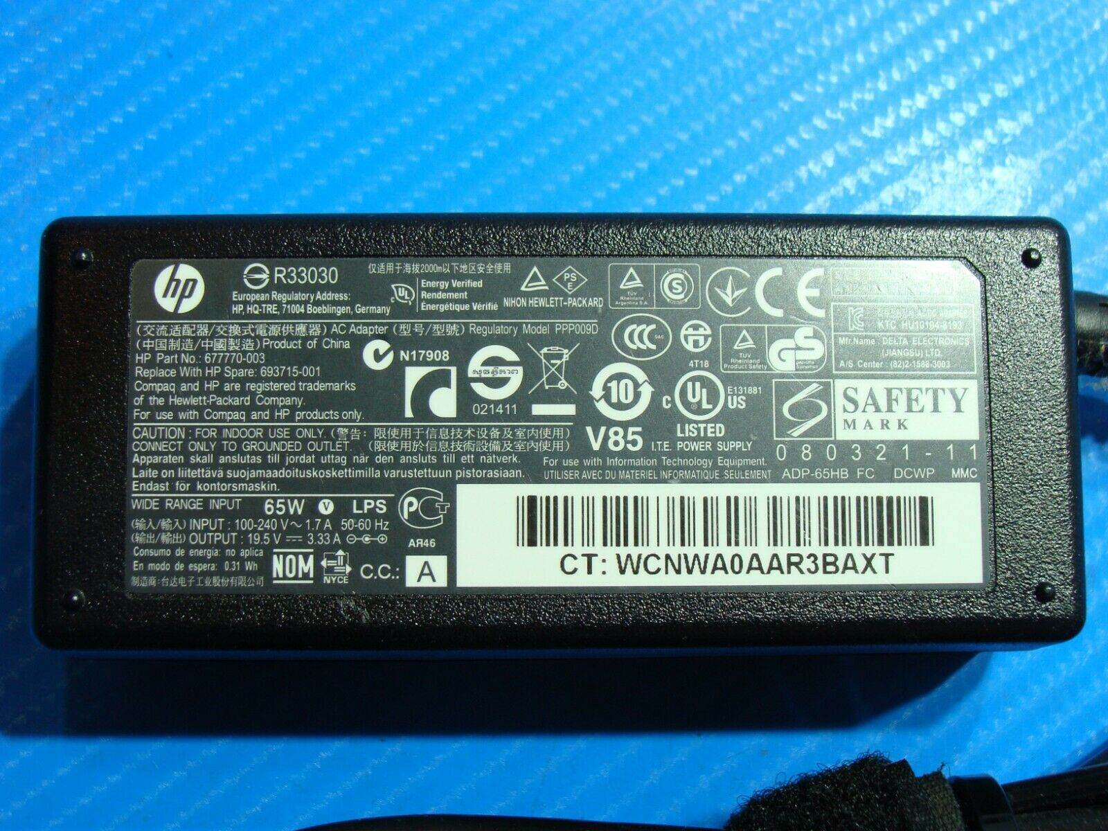 Genuine HP AC Power Adapter Charger 65w P/N 677770-001 19.5V 3.33A - Tested Computer Laptop Parts
