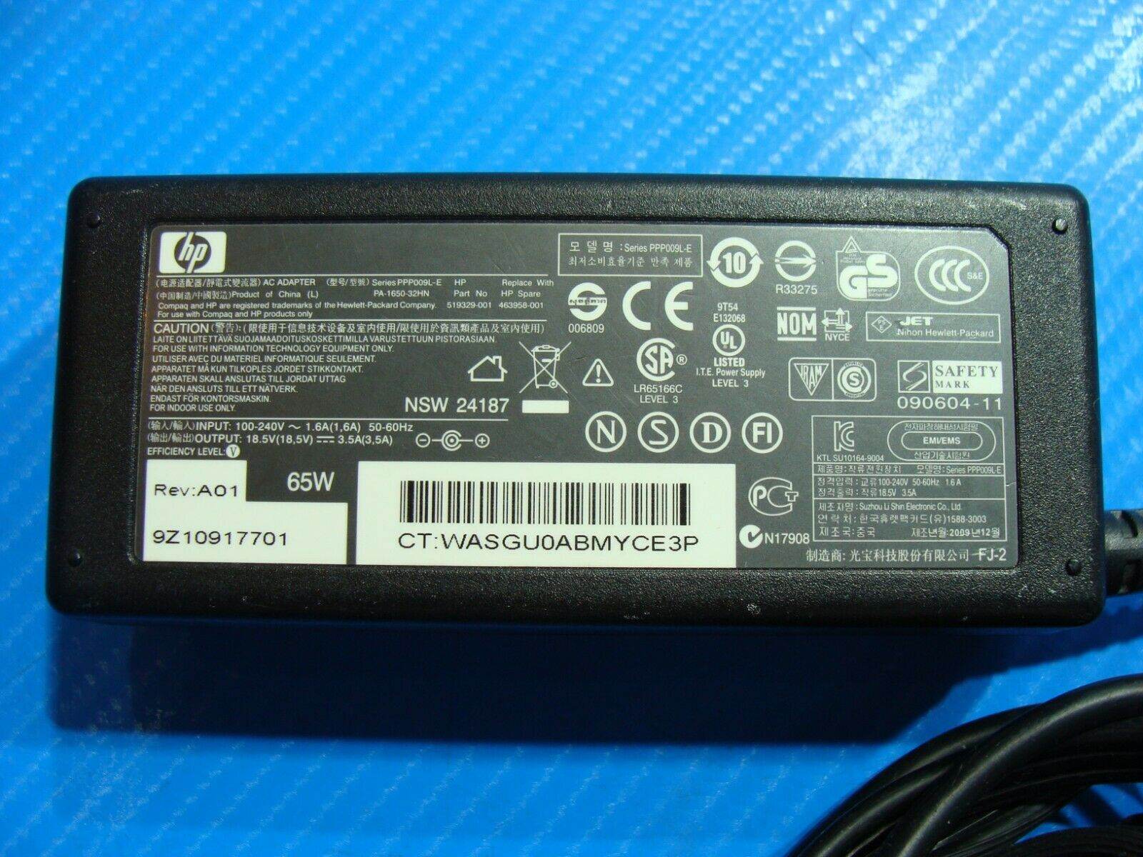 HP Ac Adapter Power Charger 65W P/N 519329-003 18.5V 3.5A - Tested Computer Laptop Parts