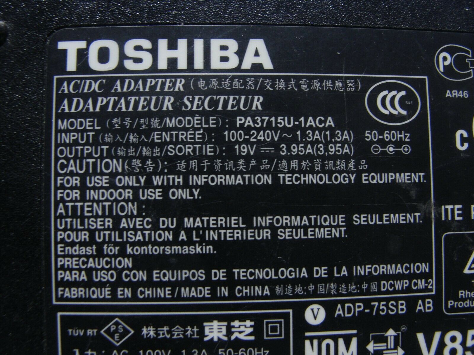 Genuine Toshiba AC Adapter Power Charger 19V 3.95A 75W PA3715U-1ACA G71C0009S212 