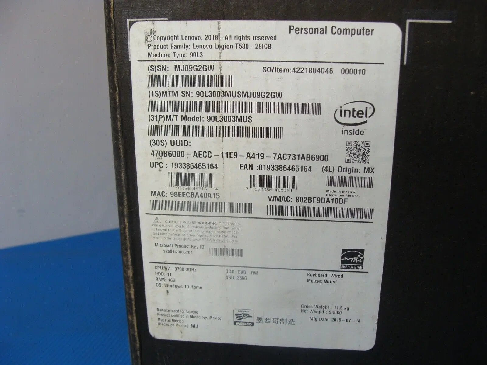 OB A+ Lenovo Legion T530-28ICB Intel i7-9700 3GH 16GB GTX 1650 4GB 256GB Wifi+BT