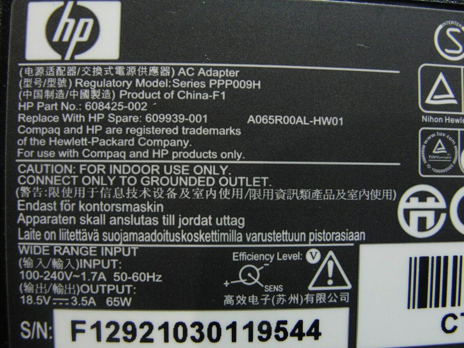 Genuine HP AC Adapter Power Charger 18.5V 3.5A 65W 609939-001 - Tested Computer Laptop Parts
