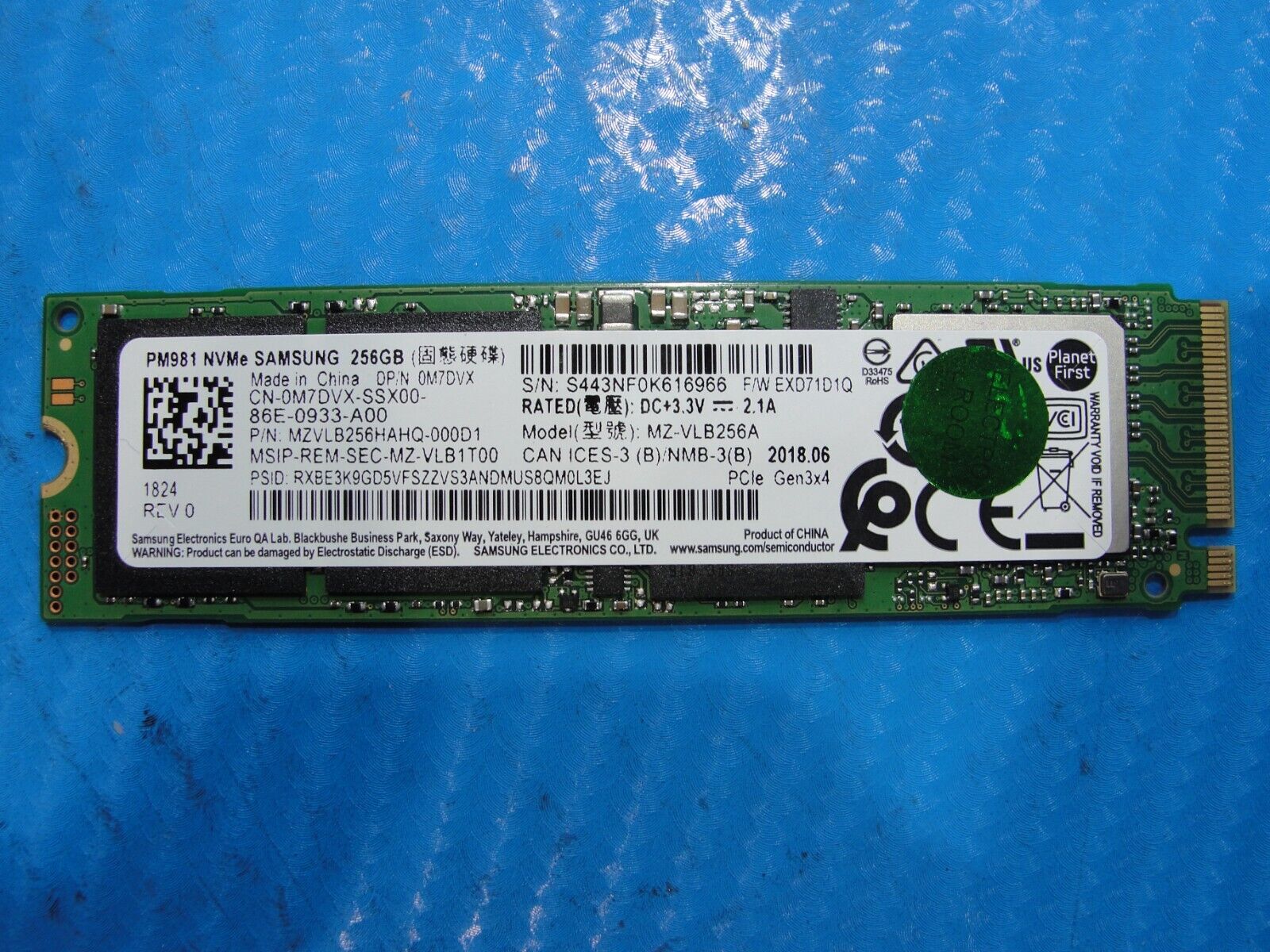 Dell 15 9575 Samsumg 256Gb NVMe M.2 SSD Solid State Drive MZ-VLB256A M7DVX