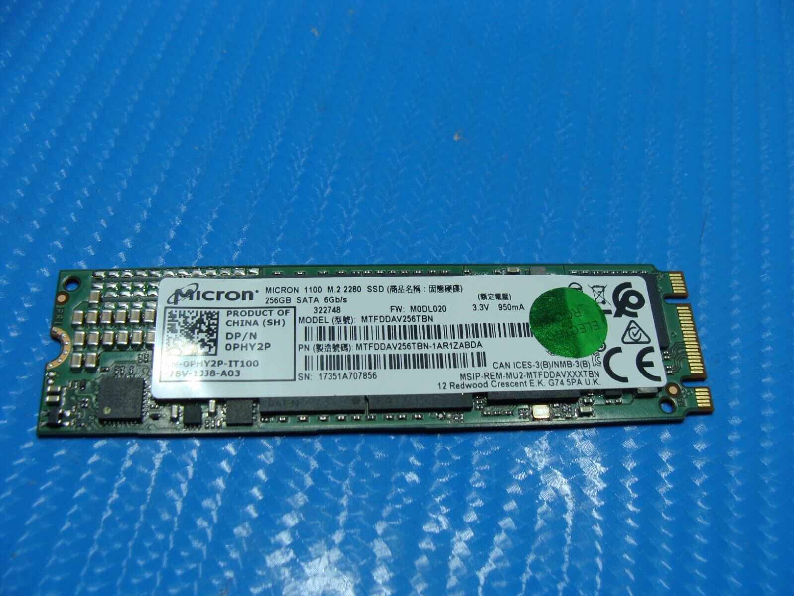 Dell 7480 Micron 256GB SATA M.2 SSD Solid State Drive MTFDDAV256TBN-1AR1ZABDA