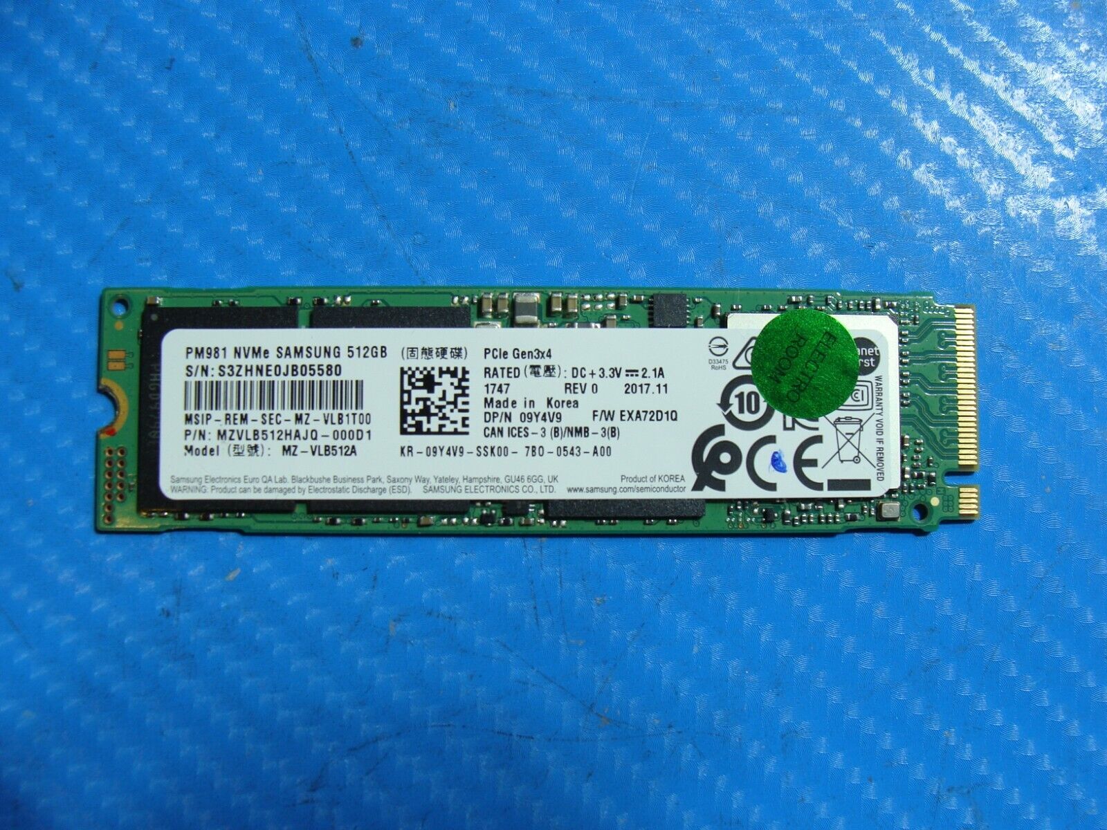 Dell 7520 Samsung 512GB NVMe M.2 SSD Solid State Drive MZVLB512HAJQ-000D1 9Y4V9
