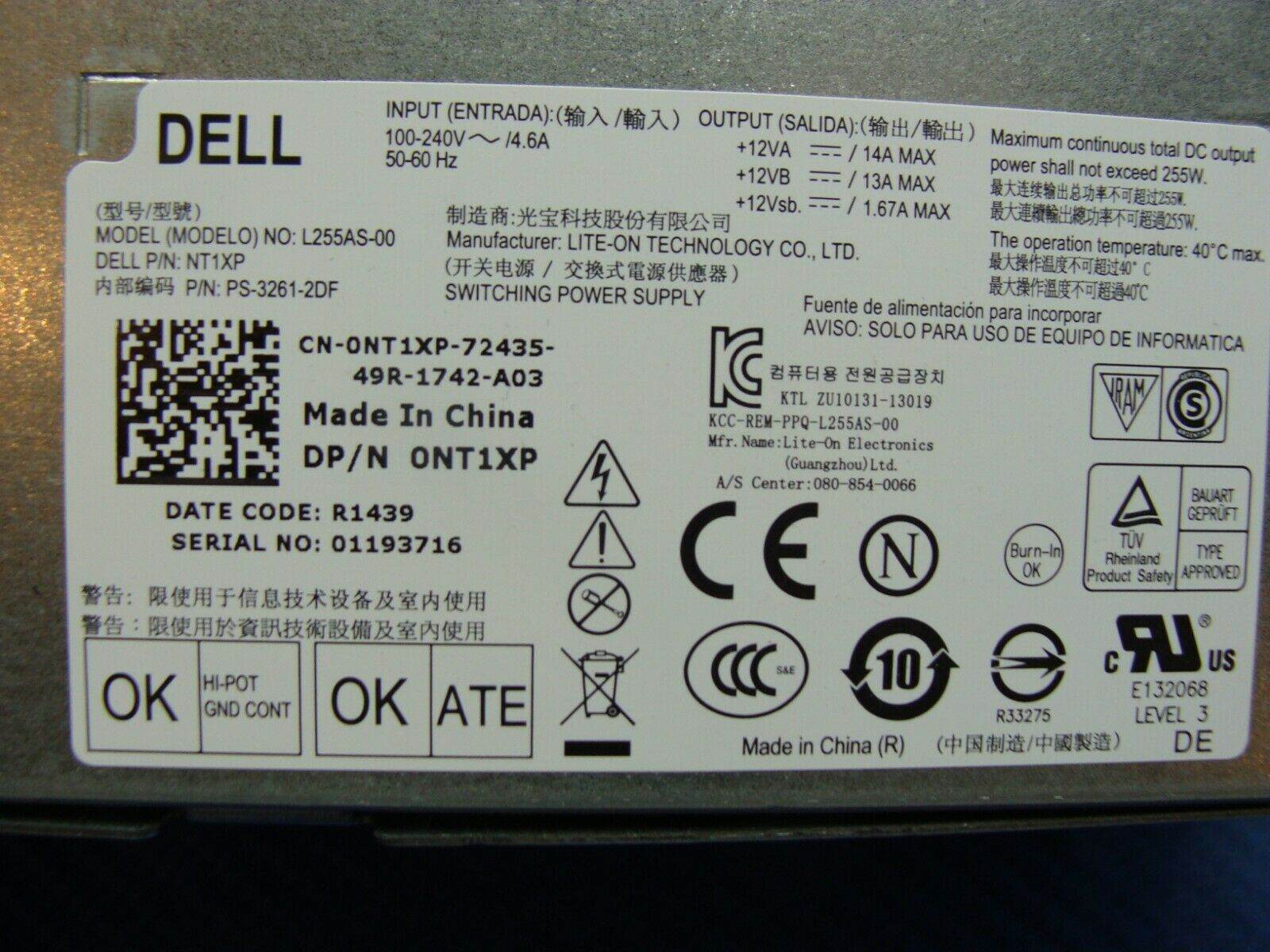 Dell OptiPlex 3020 Genuine Desktop Power Supply 255W L255AS-00 NT1XP - Tested Computer Laptop Parts