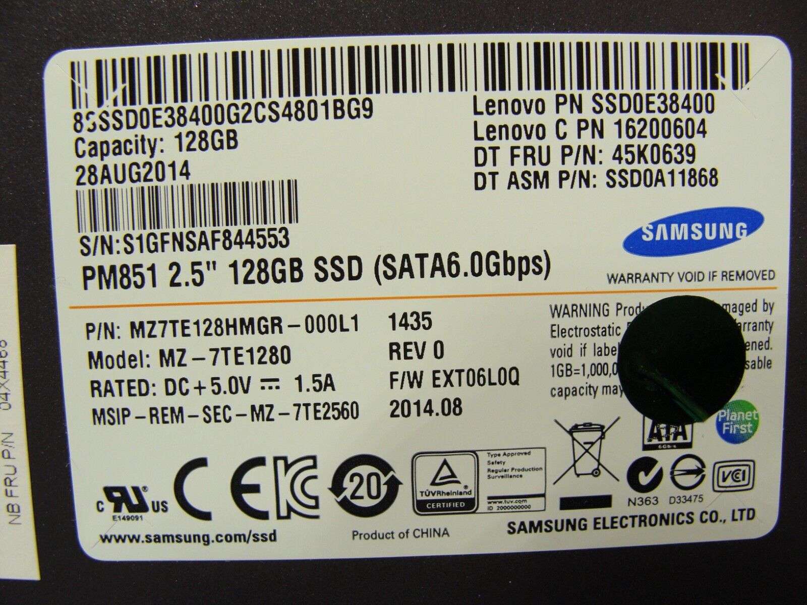 Lenovo T540P Samsung 128GB SATA 2.5