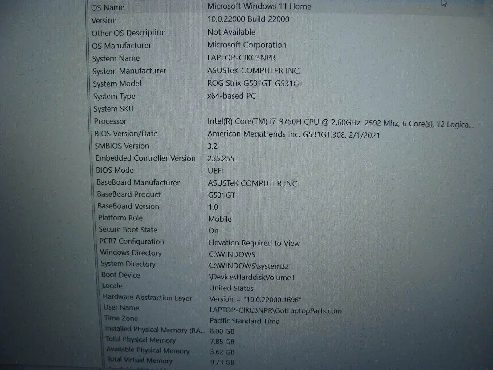 PwR Battery Asus ROG Strix G531GT i7-9750H 2.6GHz 8GB 512GB SSD Nvidia GTX 1650 - Tested Computer Laptop Parts