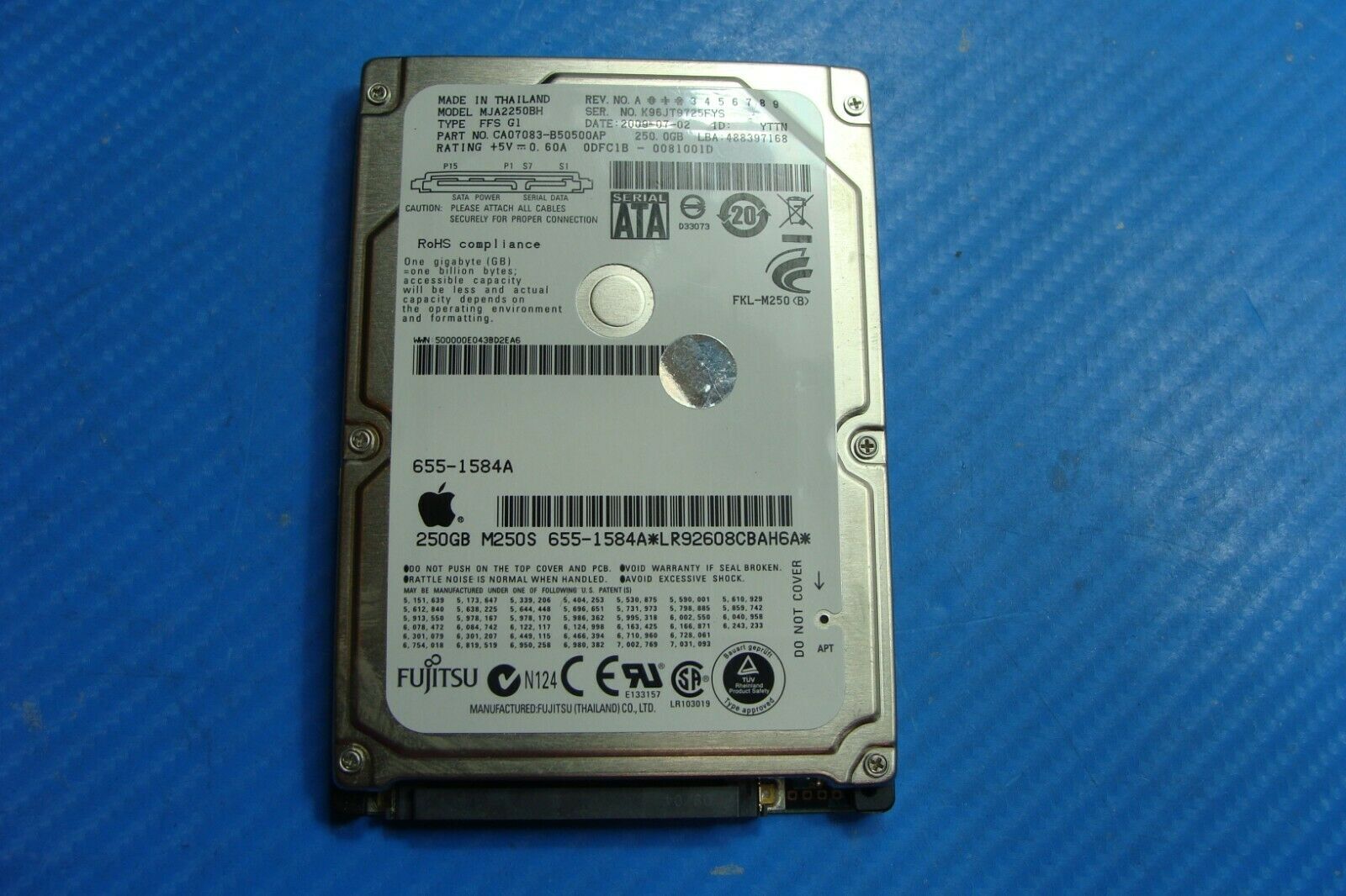 MacBook Pro A1297 17" Fujitsu 250GB Sata 2.5" HDD Drive mja2250bh 655-1546a 