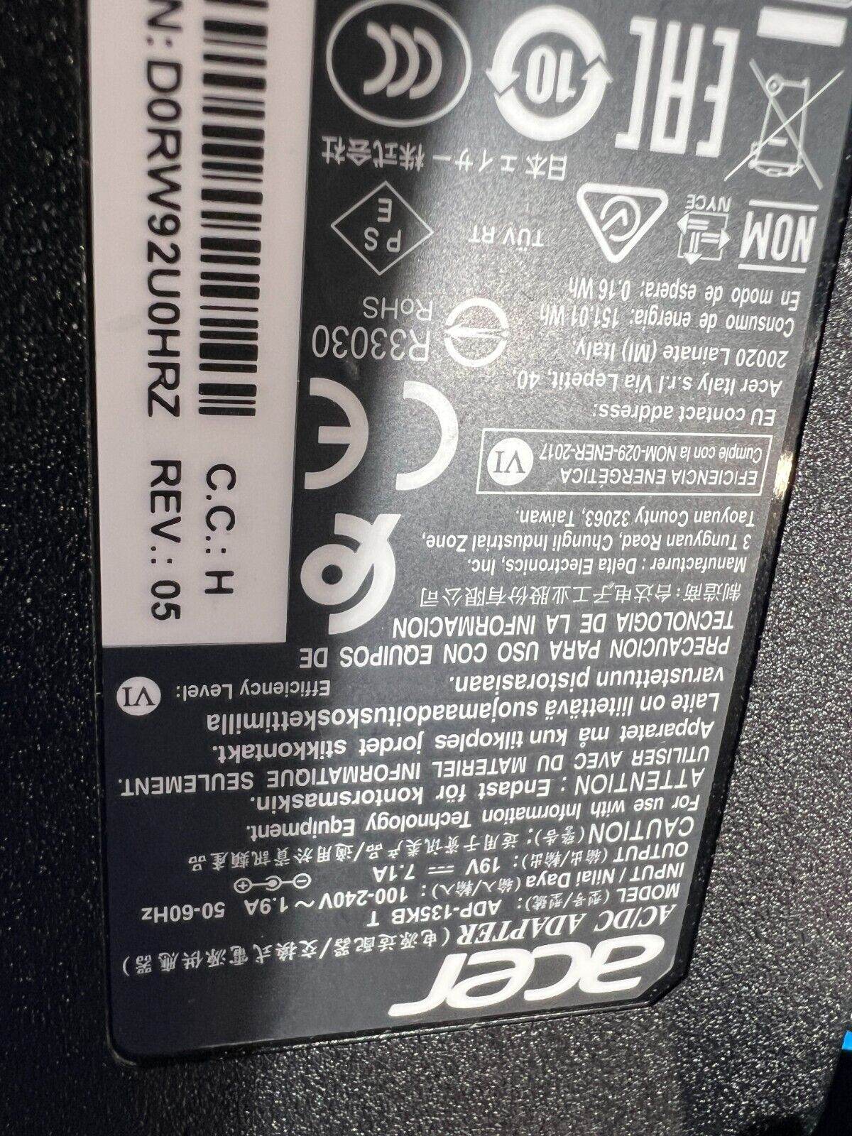 Acer Predator Helios 300 Ac Adapter Charger & Power Cord 135W ADP-135KB T - Tested Computer Laptop Parts