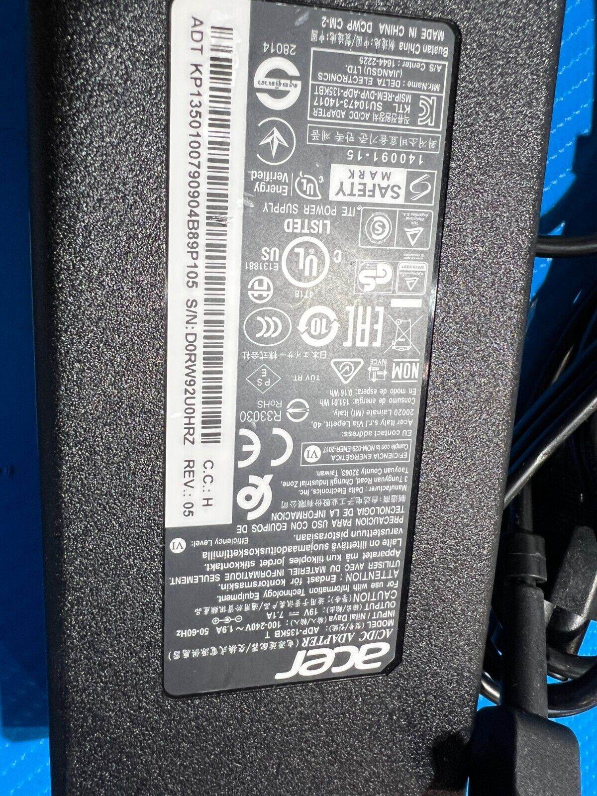 Acer Predator Helios 300 Ac Adapter Charger & Power Cord 135W ADP-135KB T - Tested Computer Laptop Parts