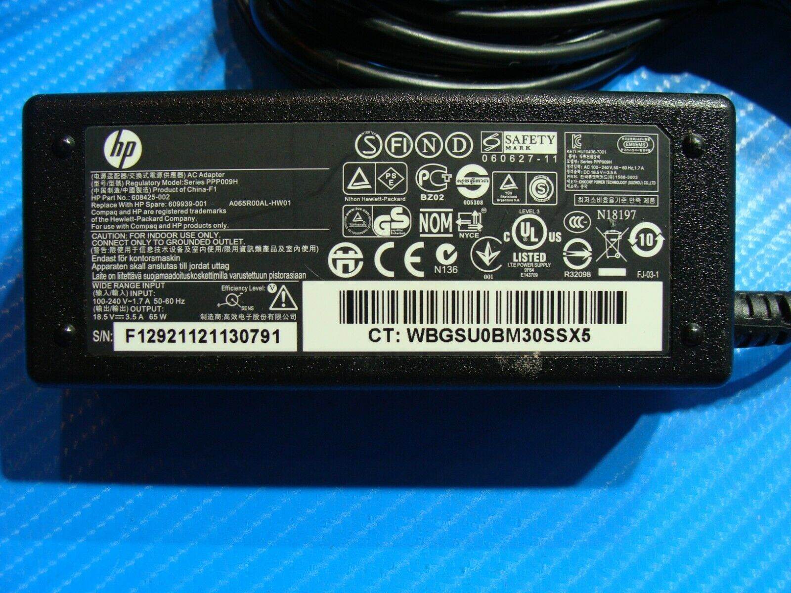 HP Ac Adapter Power Charger 65W P/N 608425-001 18.5v 3.5a - Tested Computer Laptop Parts