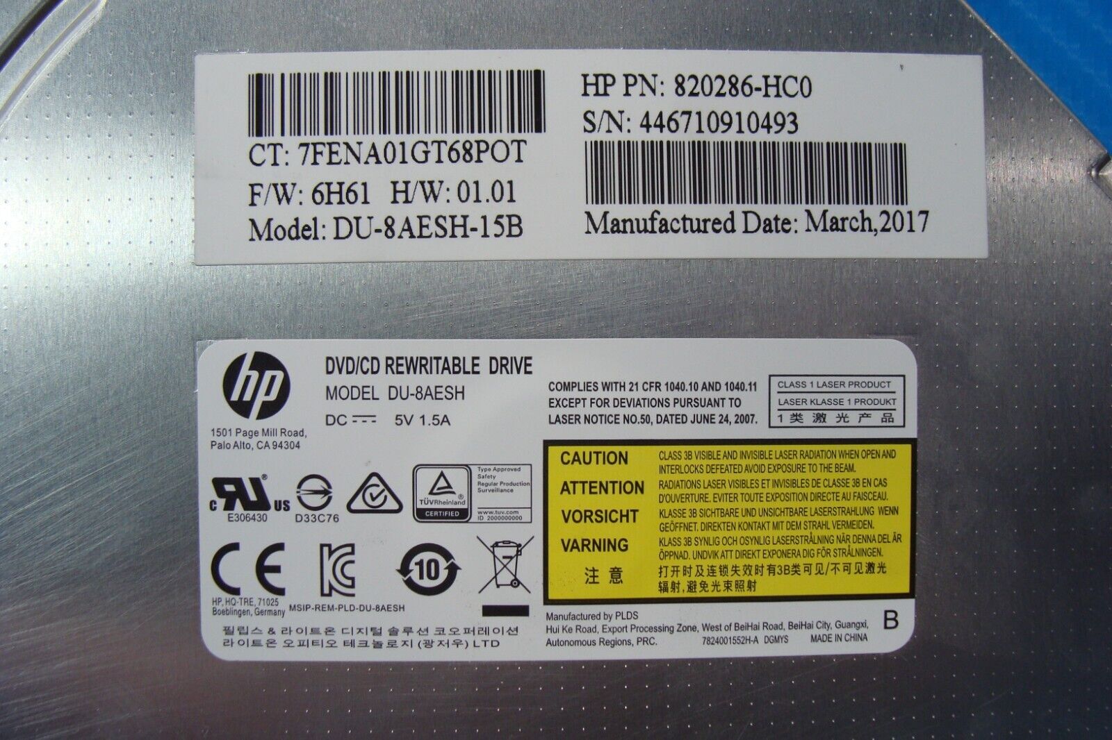 HP 15-ay103dx 15.6 Genuine Laptop DVD/CD Burner Drive DU-8AESH 858505-001