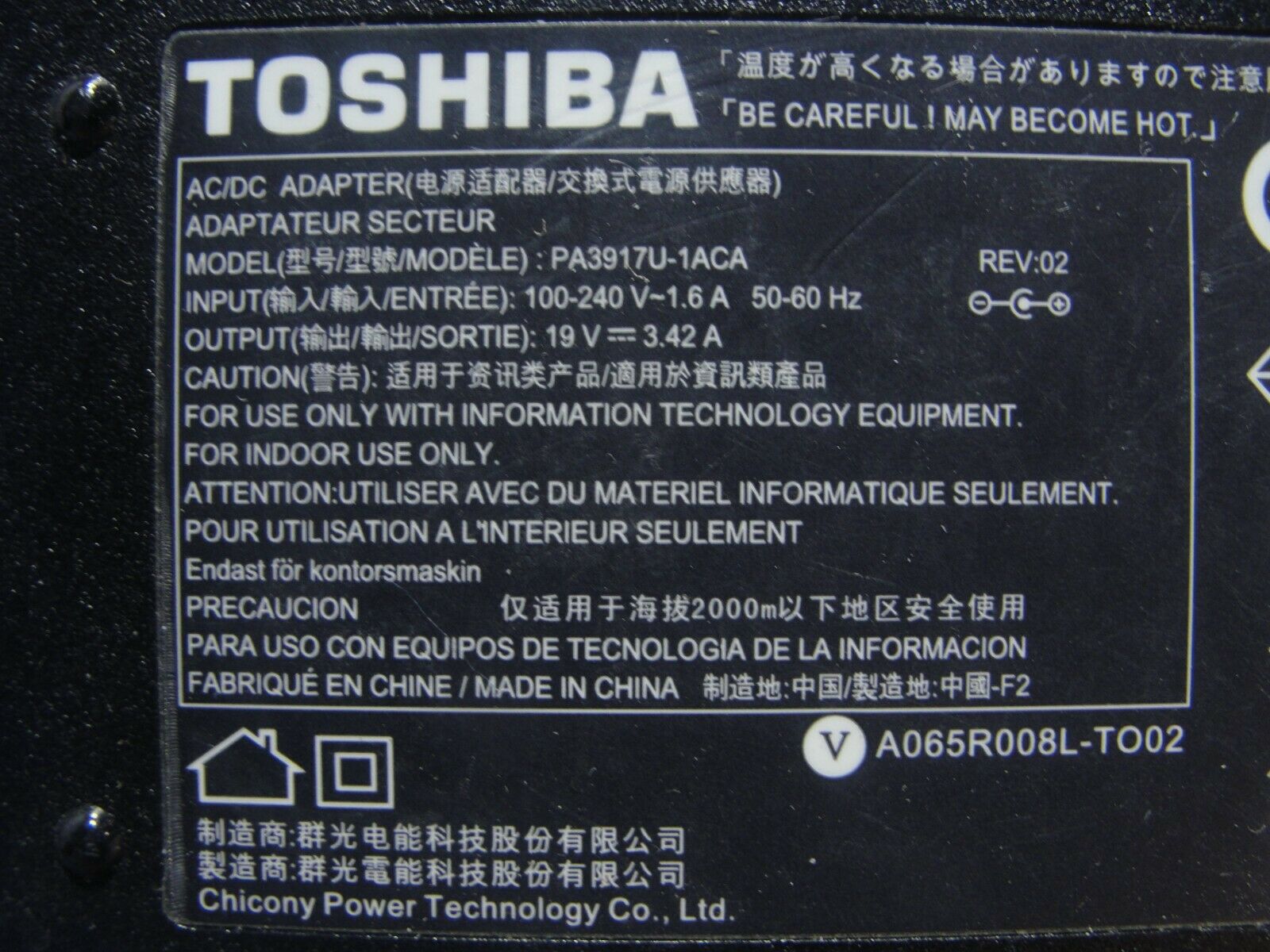 Genuine Toshiba AC Adapter Power Charger 19V 3.42A 65W PA3917U-1ACA G71C000DP410 