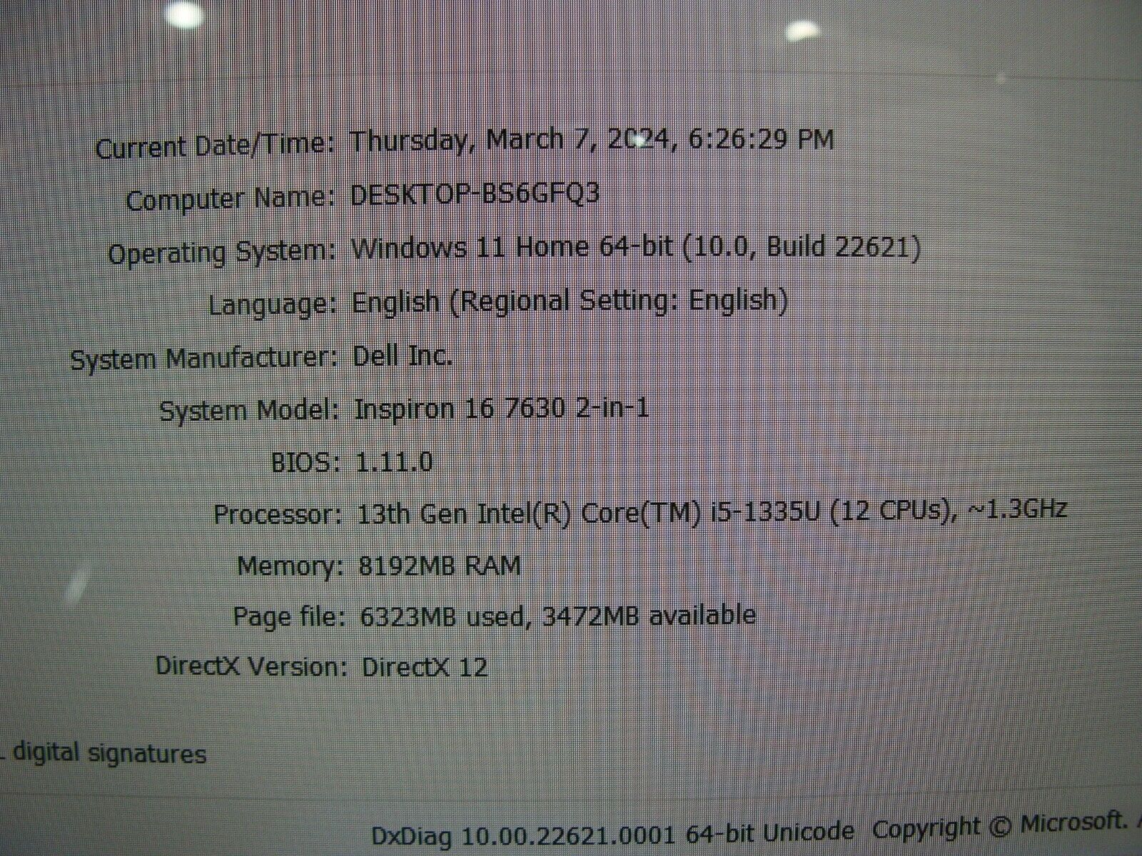 Dell INSPIRON 7630 2-IN-1 Touch 16 FHD+ i5-1335U max 4.6GHz 8GB 512GB Warranty