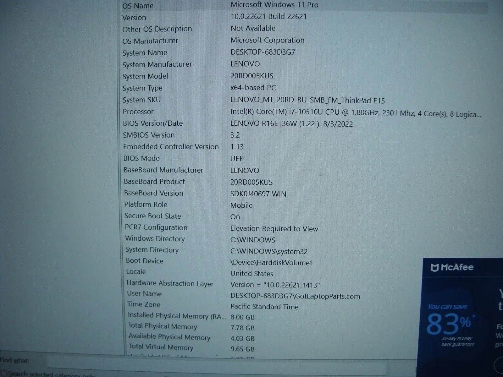 88% Battery Grade B Lenovo Thinkpad E15 Intel i7-10510U 2.3Ghz 8GB RAM 256GB SSD - Tested Computer Laptop Parts