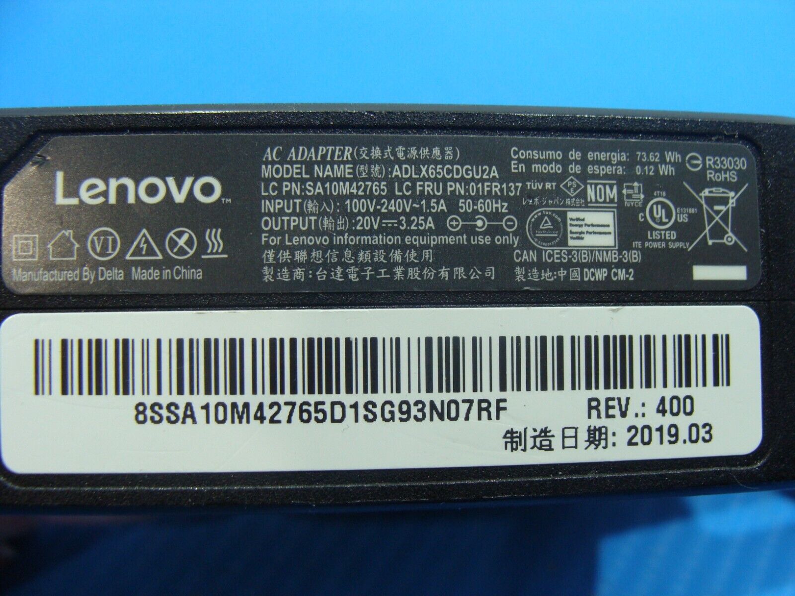 65W Genuine Laptop Charger for Lenovo Ideapad 20V 3.25A