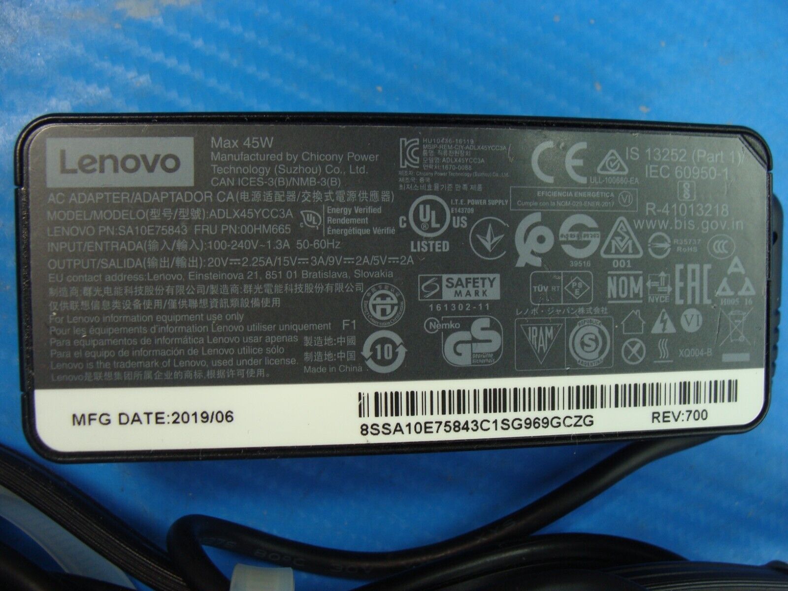 Original Lenovo Laptop Charger AC Power Adapter USB-C Type C Tip 20V 2.25A 45W
