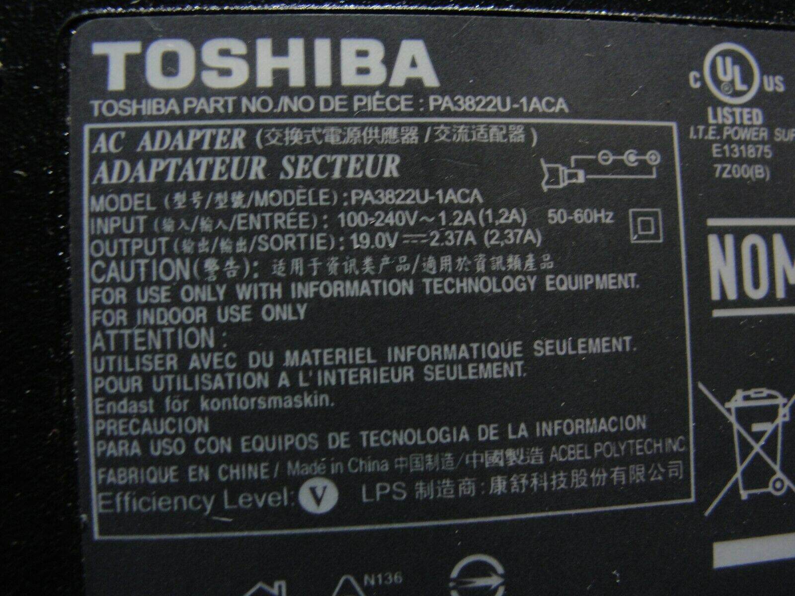 Genuine Toshiba AC Adapter Power Charger 19V 2.37A 45W PA3822U-1ACA G71C000AT210 - Tested Computer Laptop Parts