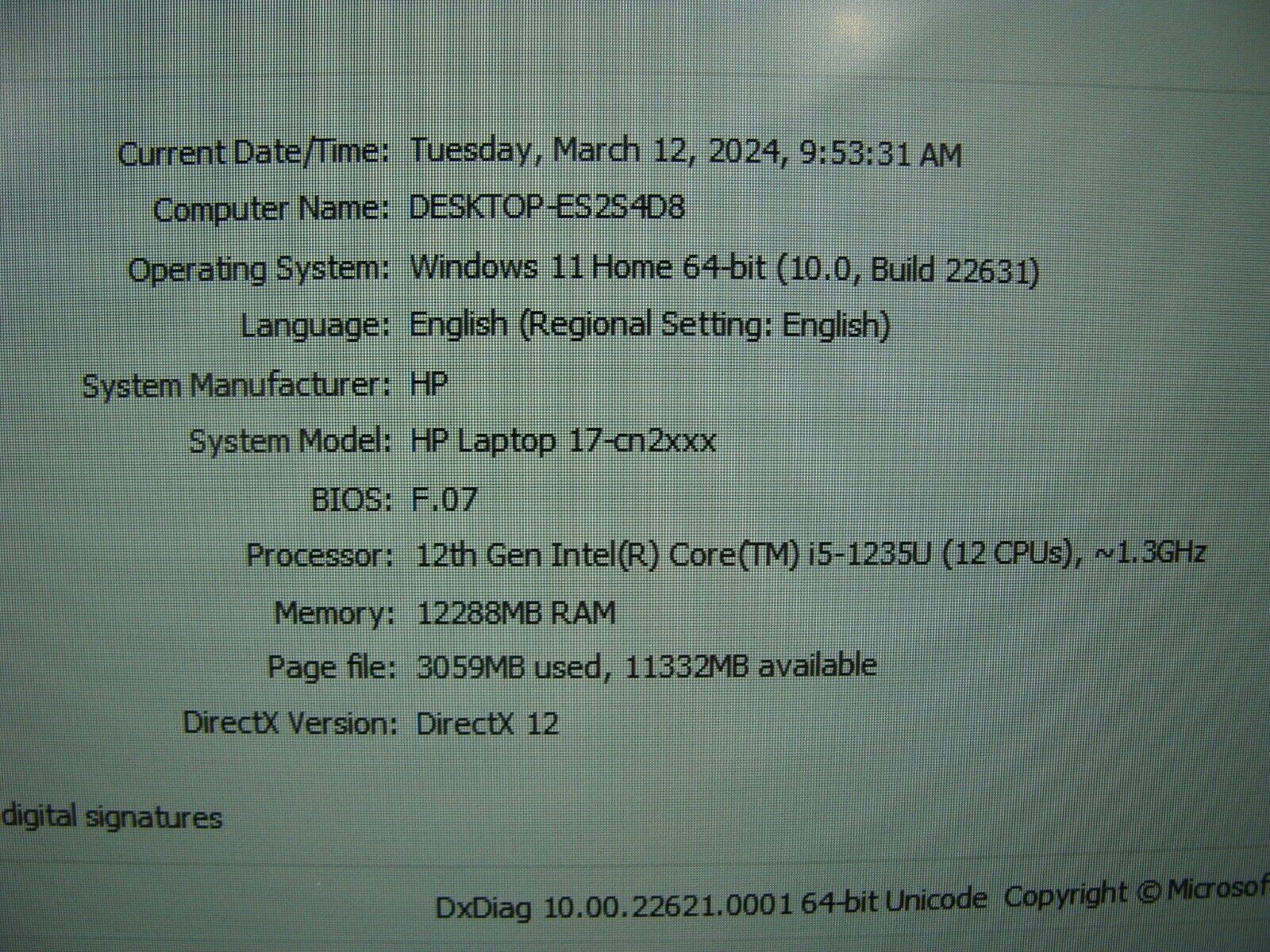 HP 17-cn2063cl Laptop 17.3 FHD Intel i5-1235U 1.3GHz 12GB 512GB SSD +Charger