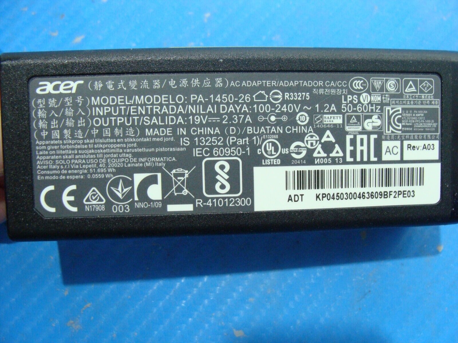 Genuine 45W Acer PA-1450-26AL ADP-45HE B A13-045N2A AC Adapter Charger 3.0mm