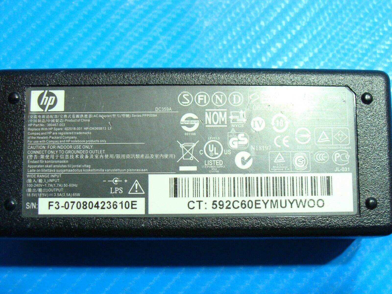 Genuine HP AC Power Adapter Charge 65w Yellow Tip P/N 380467-001 18.5v 3.5a - Tested Computer Laptop Parts