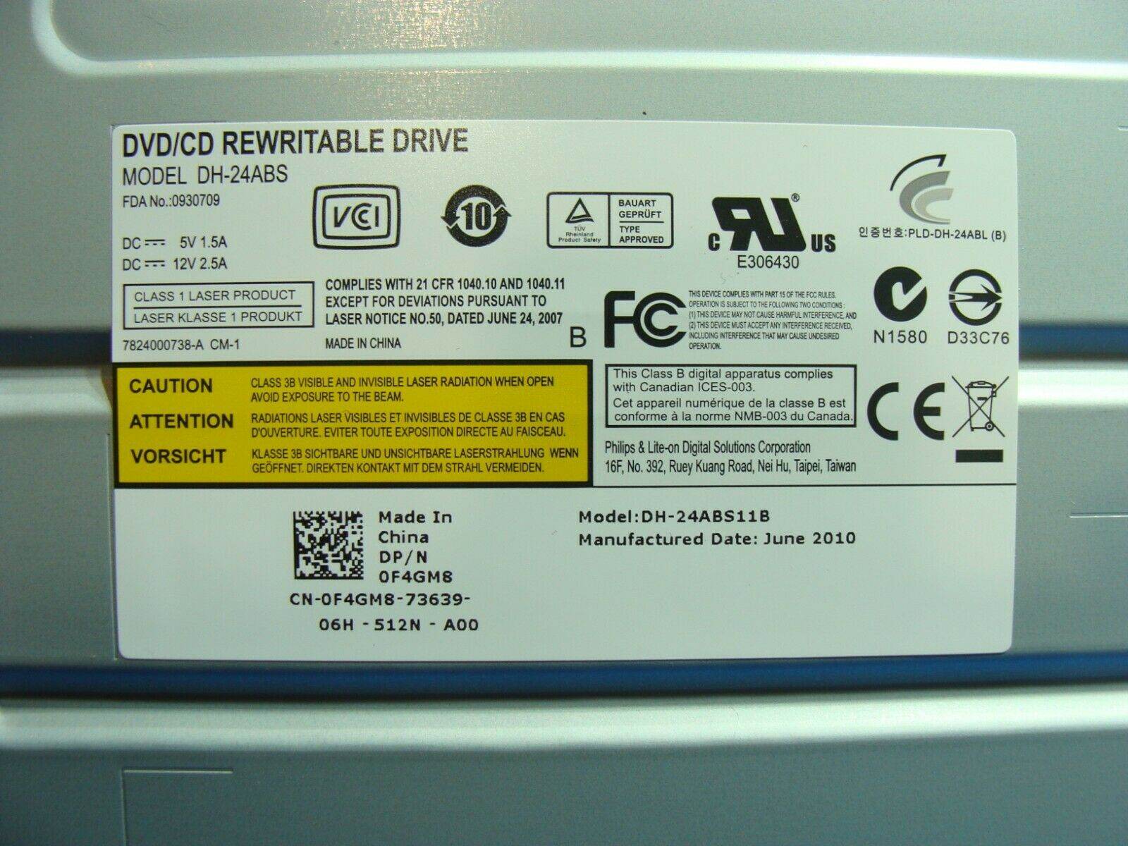 Dell Alienware Aurora Genuine Desktop DVD/CD-RW Burner Drive DH-24ABS F4GM8 - Tested Computer Laptop Parts