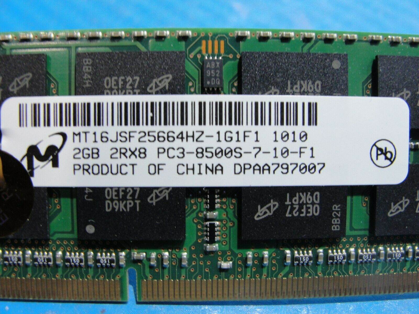 Macbook A1286 Laptop Micron 2GB Memory PC3-8500S-7-10-F1 MT16JSF25664HZ-1G1F1 - Tested Computer Laptop Parts