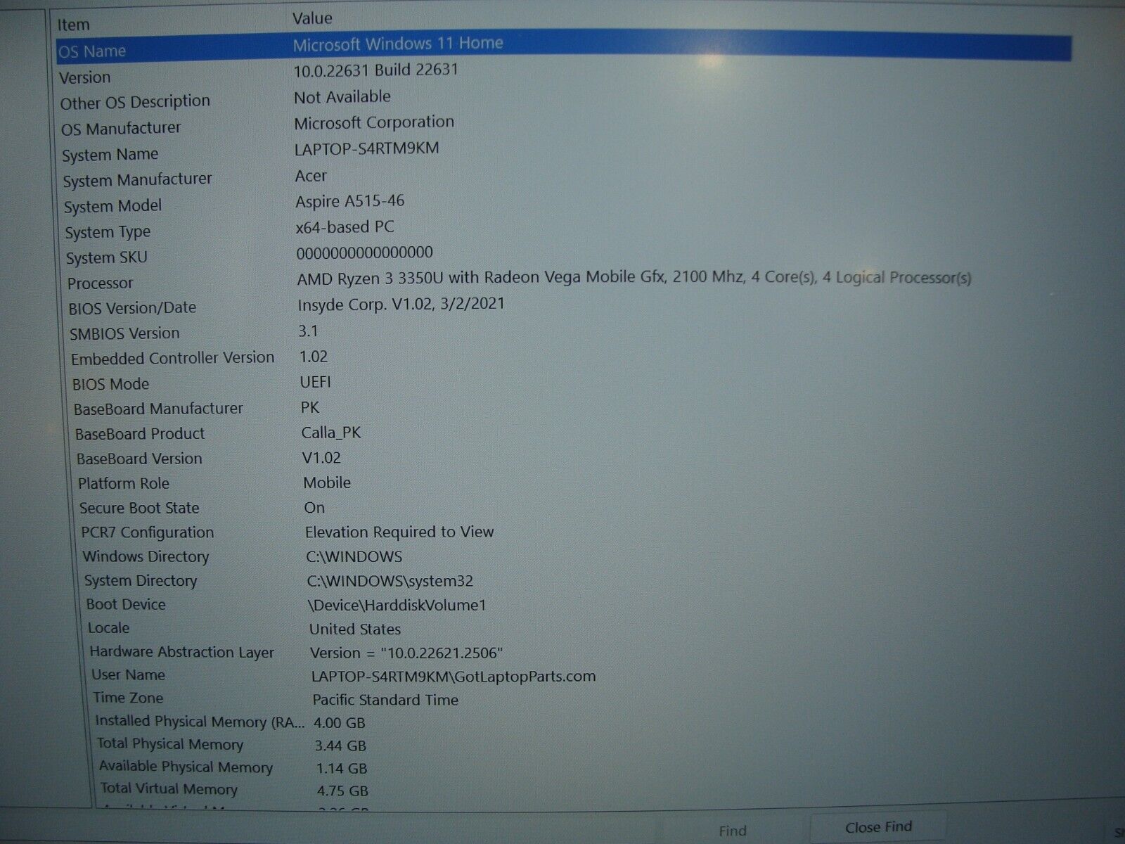Acer Aspire 5 A515-46-R14K AMD Ryzen 3 3350U 2.1GHz 4GB 128GB SSD 15.6 FHD