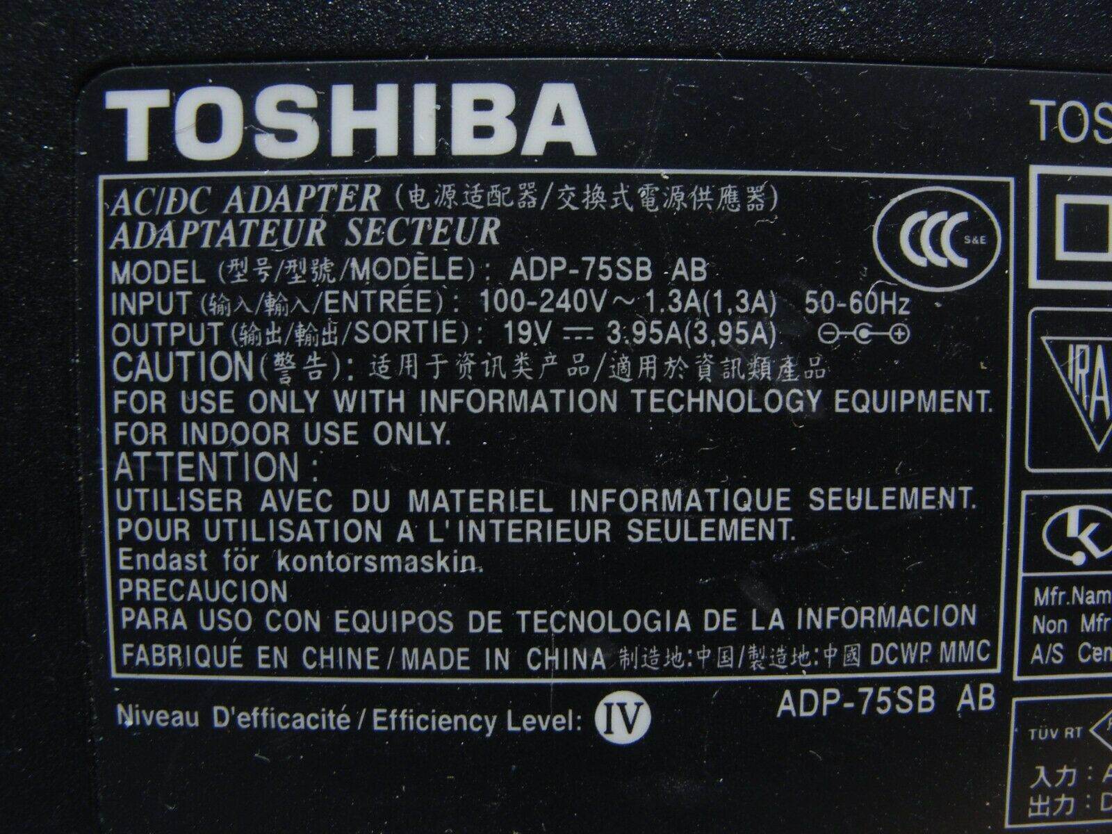 Genuine Toshiba AC Adapter Power Charger 19V 3.95A 75W ADP-75SB PA3468U-1ACA - Tested Computer Laptop Parts