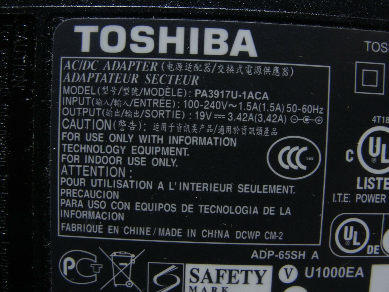 Genuine Toshiba AC Adapter Power Charger 19V 3.42A 65W PA3971U-1ACA G71C000DK110 - Laptop Parts - Buy Authentic Computer Parts - Top Seller Ebay