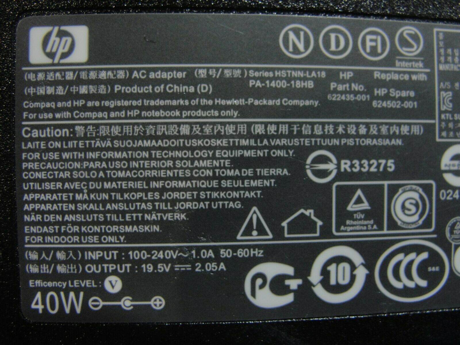 Genuine HP AC Adapter Power Charger 19.5V 2.05A 40W 624502-001 - Tested Computer Laptop Parts