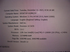 OB 2YR WRTY 14" Dell Precision 5470 i7-12800H 4.8GHz 32GB 1TB SSD RTX A1000 GPU