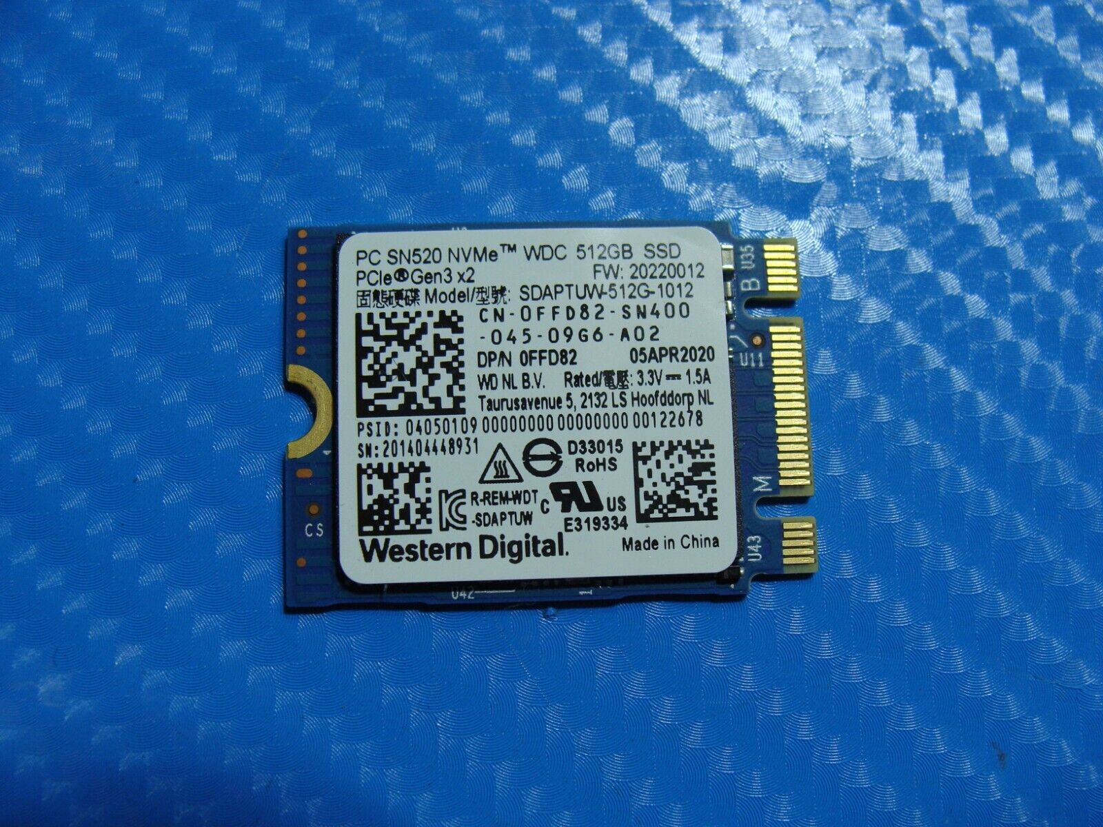 Dell 5400 Western Digital 512GB NVMe M.2 SSD Solid State Drive SDAPTUW-512G-1012