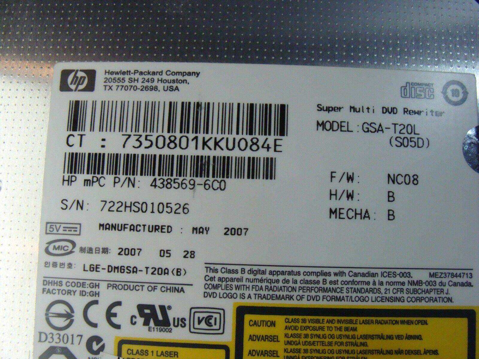 HP Pavilion TX1215NR 12.1 Super Multi DVD±RW Burner Drive GSA-T20L 441130-001 ER - Tested Computer Laptop Parts