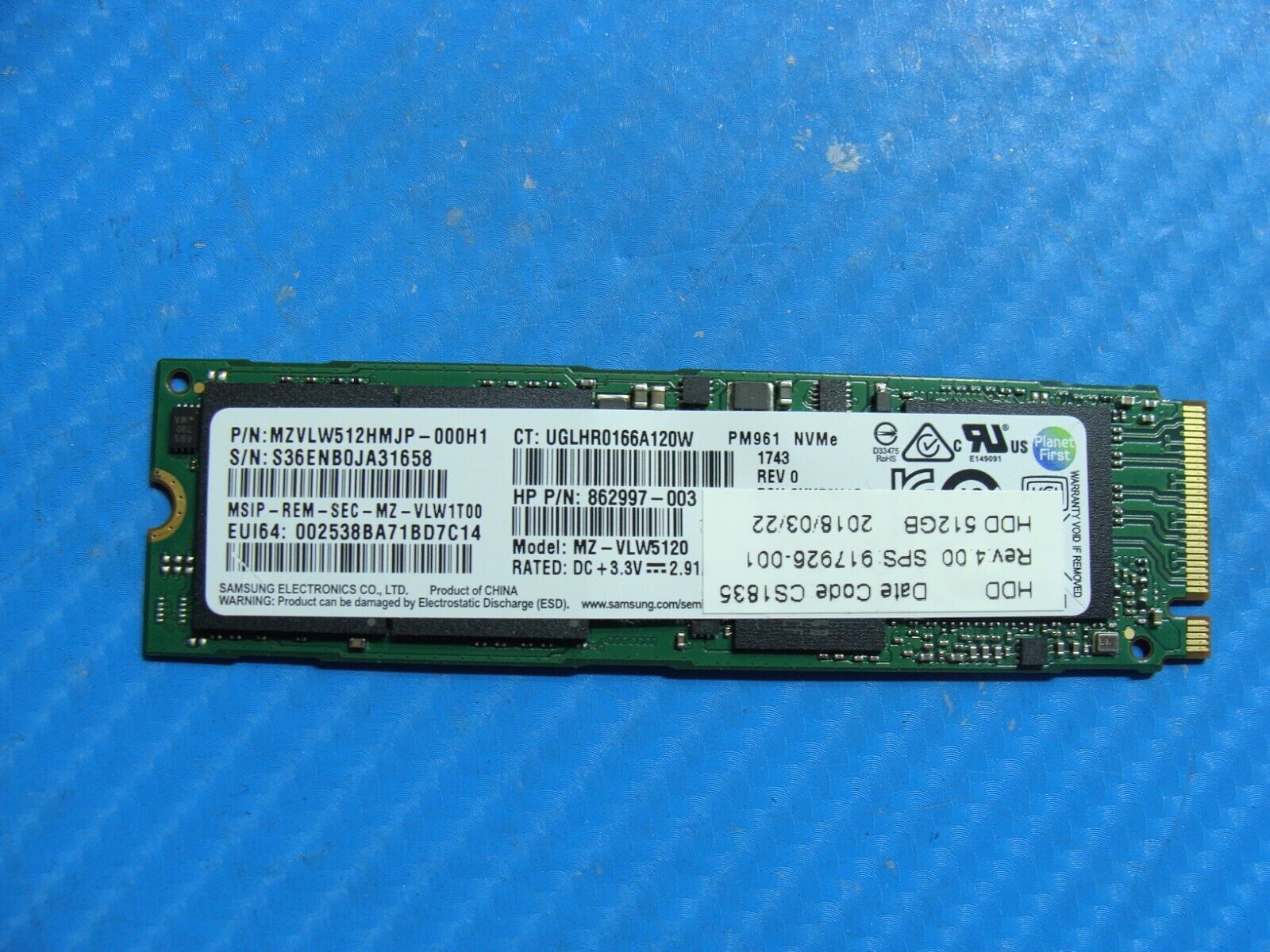 HP 1030 G2 Samsung 512GB NVMe M.2 SSD Solid State Drive MZVLW512HMJP-000H1