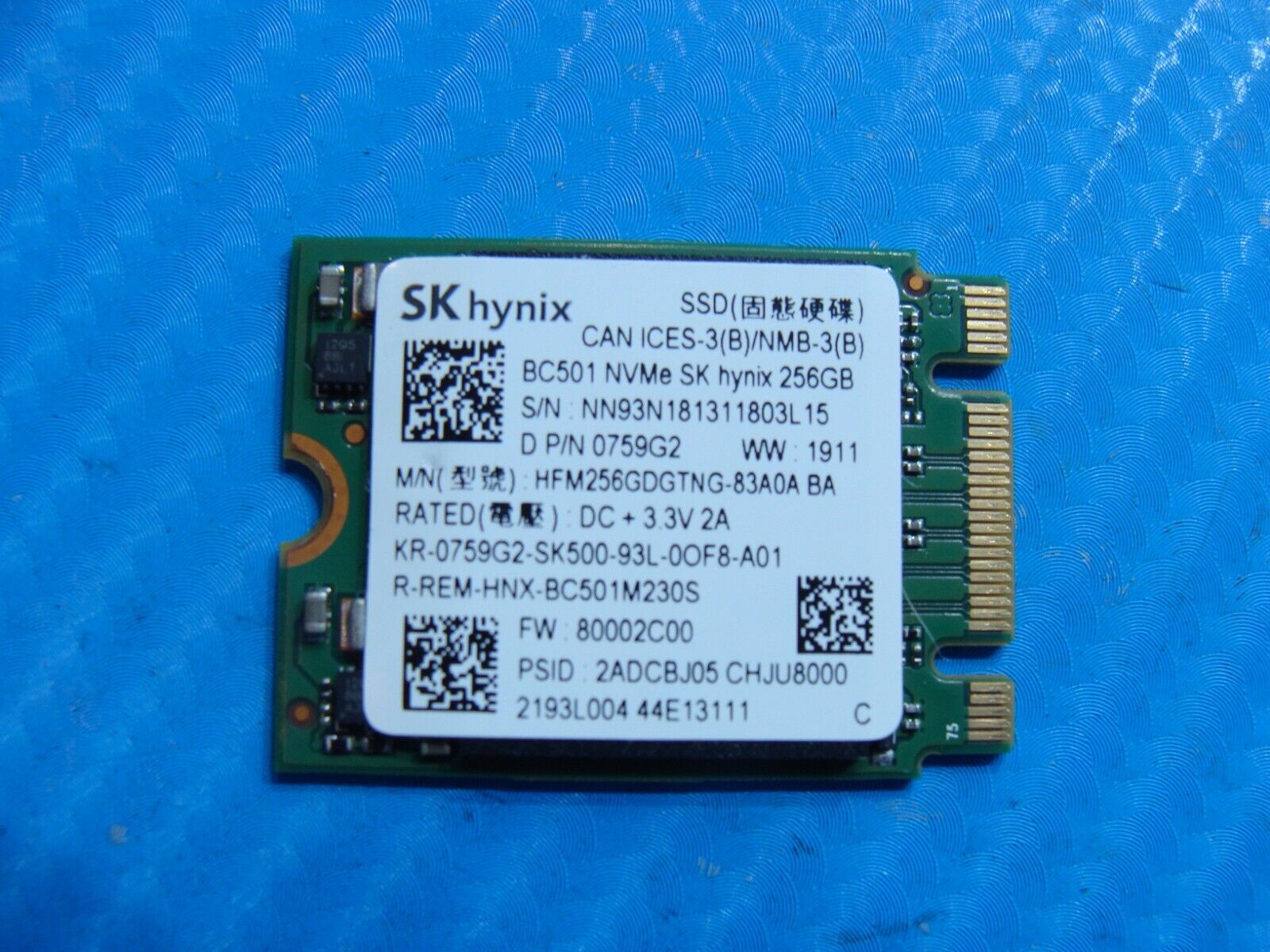 Dell 7386 SK Hynix 256GB NVMe M.2 SSD Solid State Drive 759G2 HFM256GDGTNG-83A0A