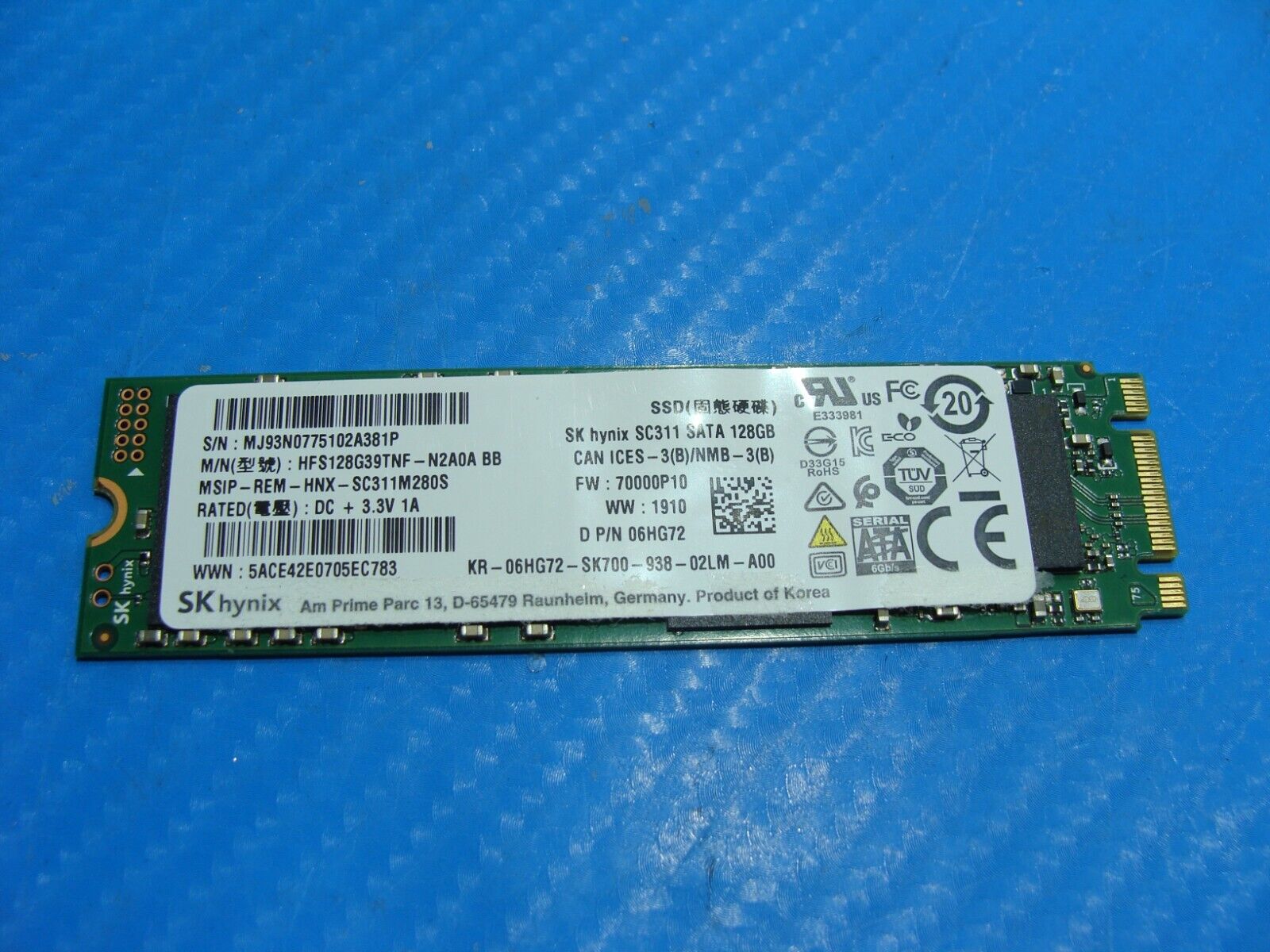 Dell 5491 SK Hynix 128GB SATA M.2 SSD Solid State Drive 6HG72 HFS128G39TNF-N2A0A