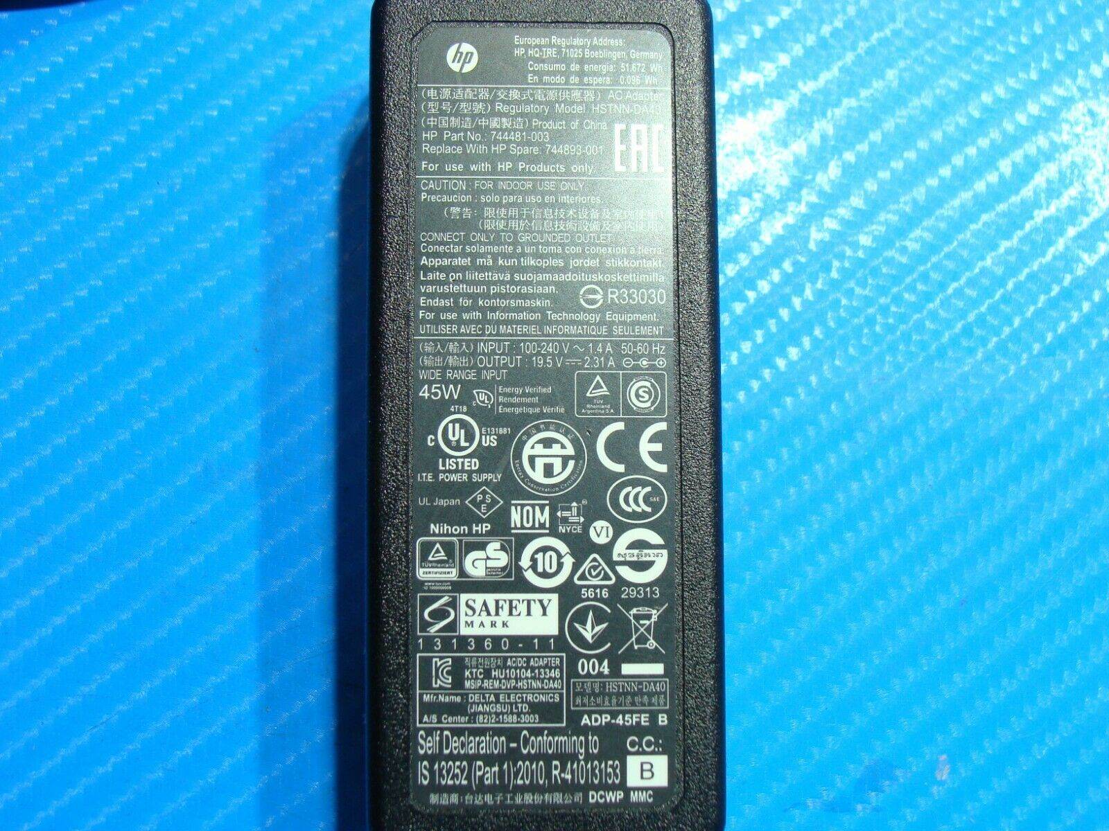 Genuine HP AC Power Adapter Charger 45w P/N 744481-003 19.5V 2.31A - Tested Computer Laptop Parts