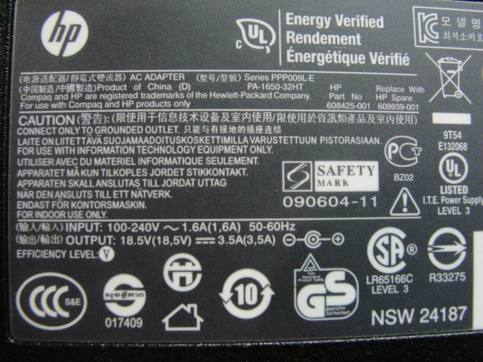 Genuine HP AC Adapter Power Charger 18.5V 3.5A 65W 609939-001 - Tested Computer Laptop Parts