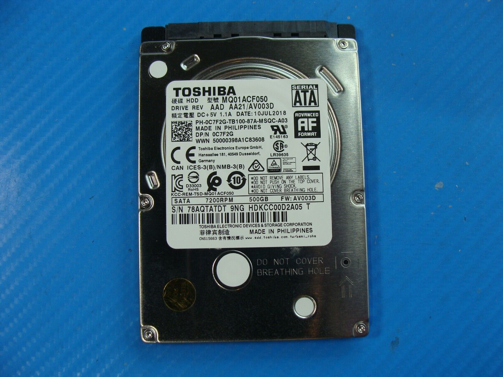 Dell 3060 Toshiba 500GB SATA 2.5 7200RPM HDD Hard Drive MQ01ACF050 C7F2G