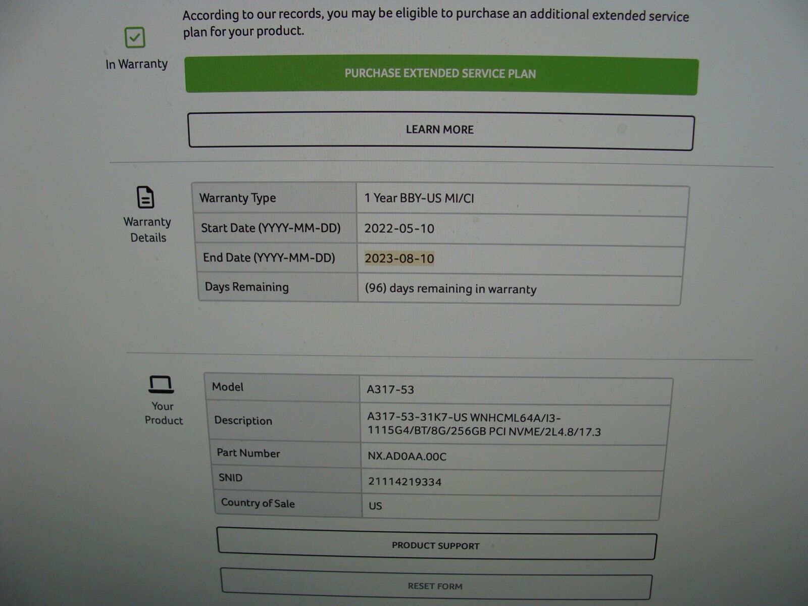 Warranty Acer Aspire A317-53 Laptop Intel Core i3-1115G4 8GB 3.0GHz 256 GB SSD