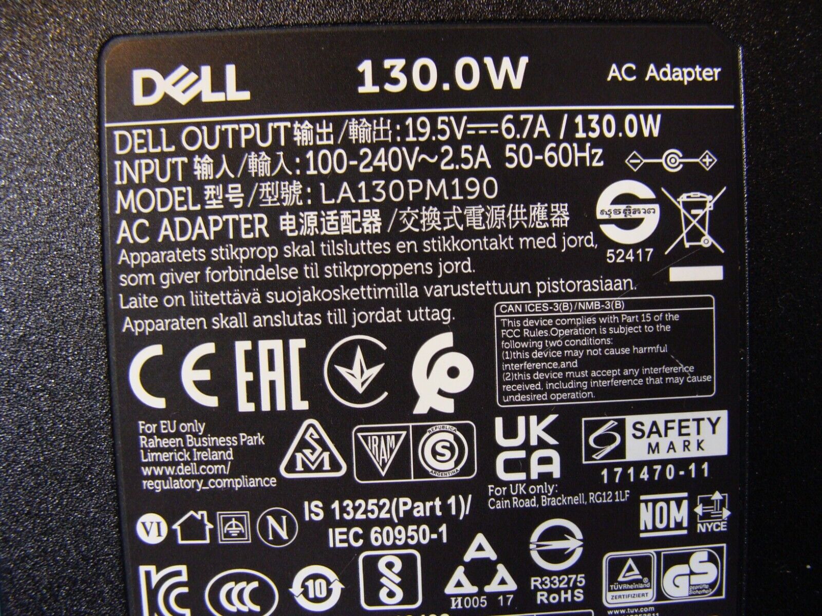 Genuine Dell AC Power Adapter Charger 19.5V 6.7A 130W  LA130PM190 063P9N