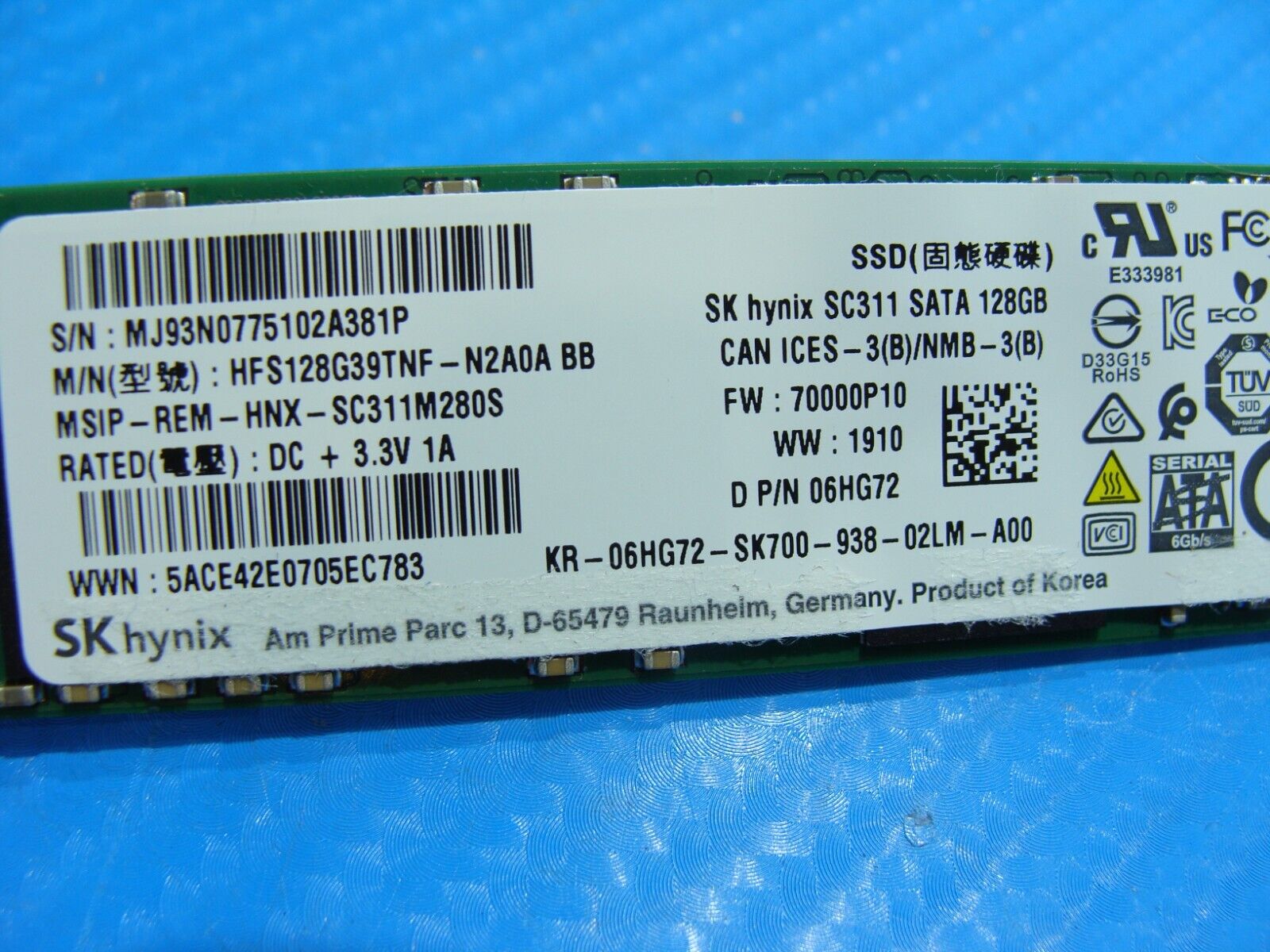 Dell 5491 SK Hynix 128GB SATA M.2 SSD Solid State Drive 6HG72 HFS128G39TNF-N2A0A
