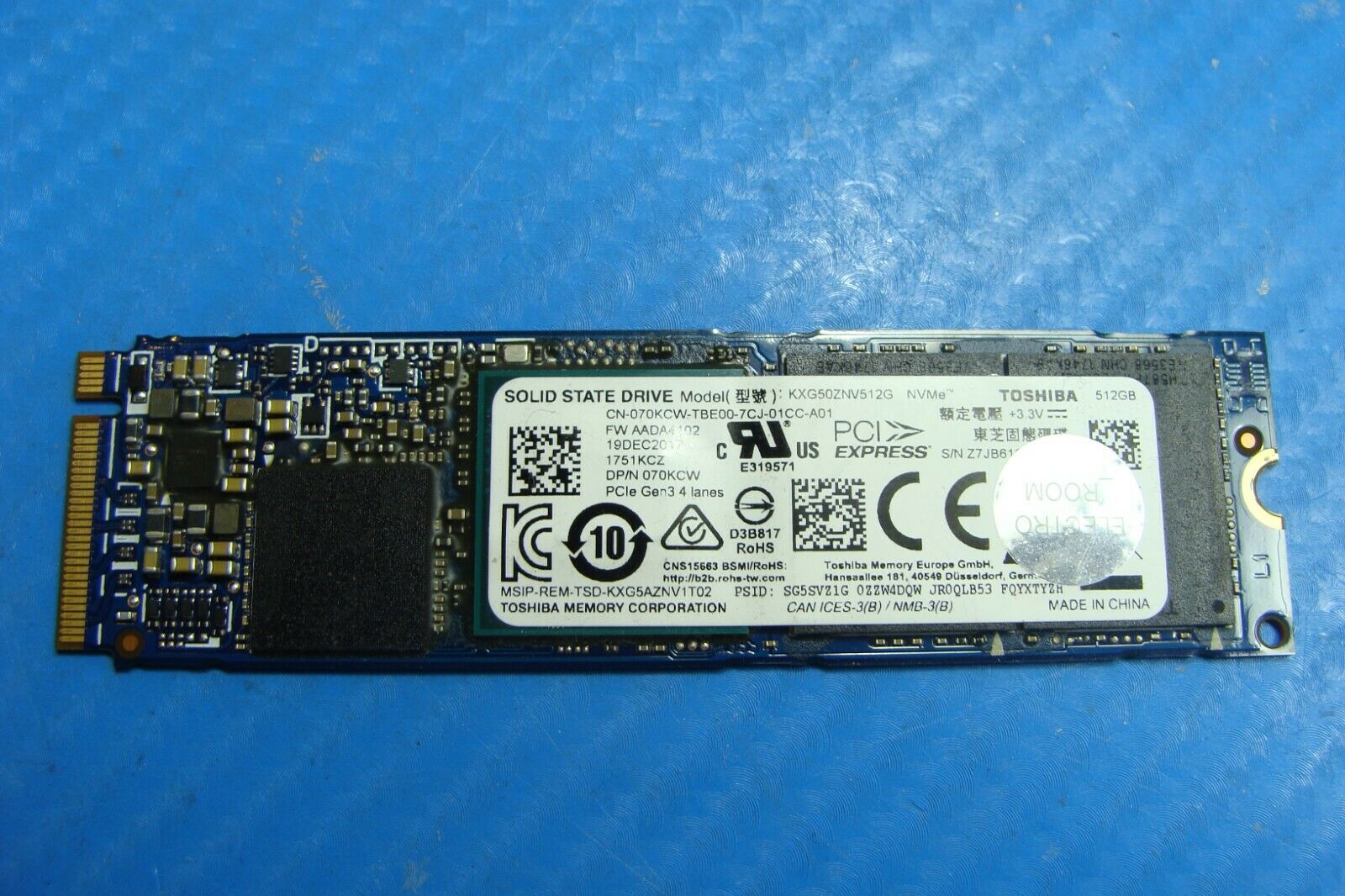 Dell 15 9560 Toshiba 512GB M.2 NVMe SSD Solid State Drive kxg50znv512g 70kcw 