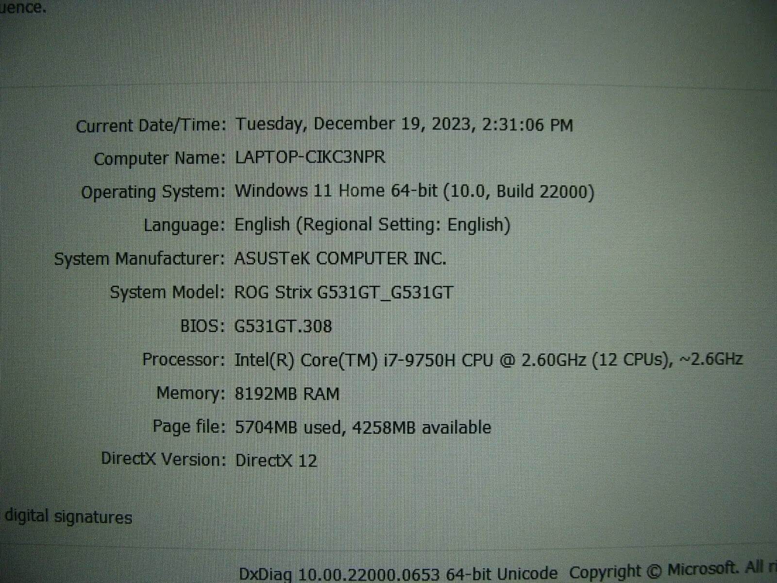 PwR Battery Asus ROG Strix G531GT i7-9750H 2.6GHz 8GB 512GB SSD Nvidia GTX 1650 - Tested Computer Laptop Parts